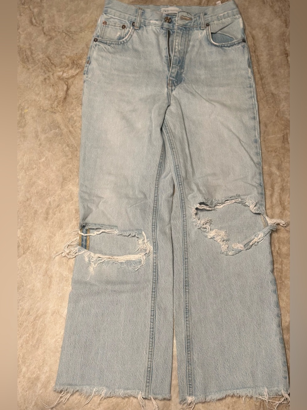 Zara Light Blue Distressed Wide-Leg Jeans